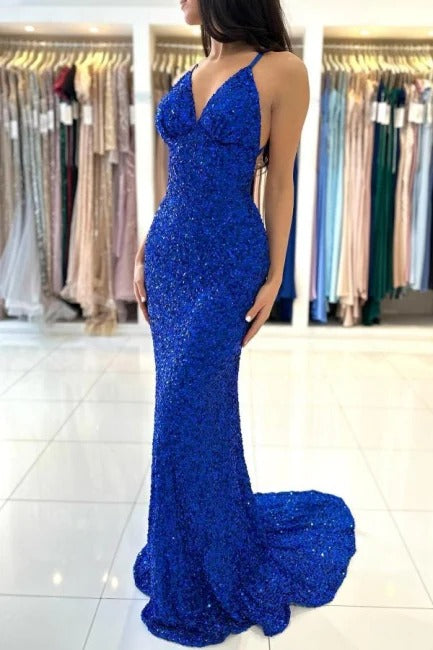 
                  
                    Royal Blue Long Mermaid V-neck Spaghetti Straps Backless Sequined Formal Prom Dresses-BIZTUNNEL
                  
                