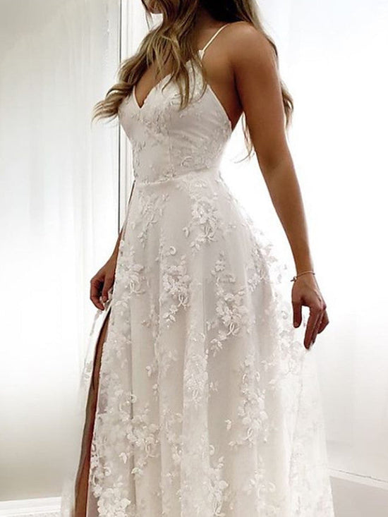 Sexy Long A-Line Spaghetti Strap Lace Backless Wedding Dresseswith Slit-BIZTUNNEL