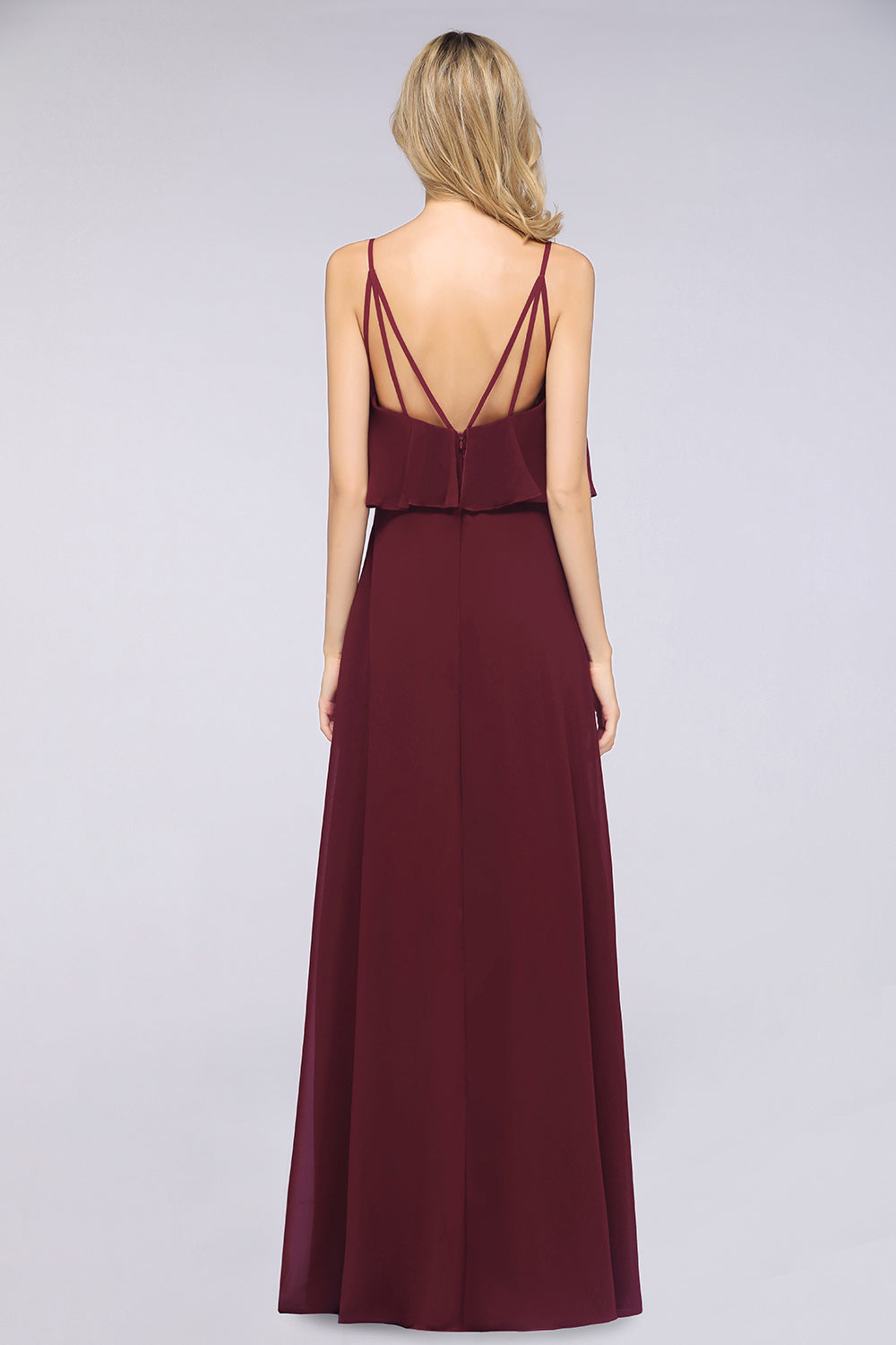 Sexy Long A-line V-Neck Spaghetti Straps Chiffon Burgundy Bridesmaid Dresses-BIZTUNNEL