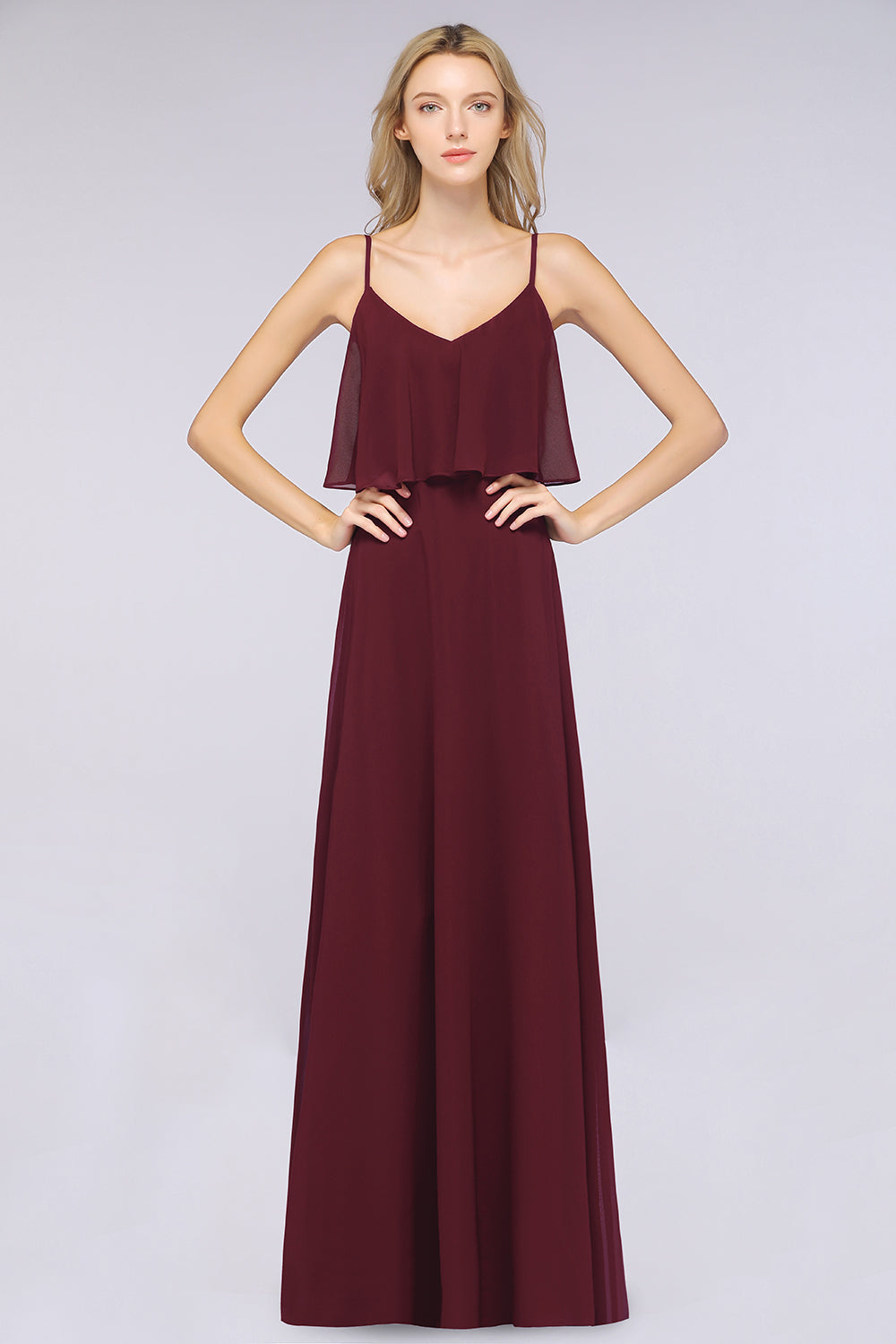 Sexy Long A-line V-Neck Spaghetti Straps Chiffon Burgundy Bridesmaid Dresses-BIZTUNNEL