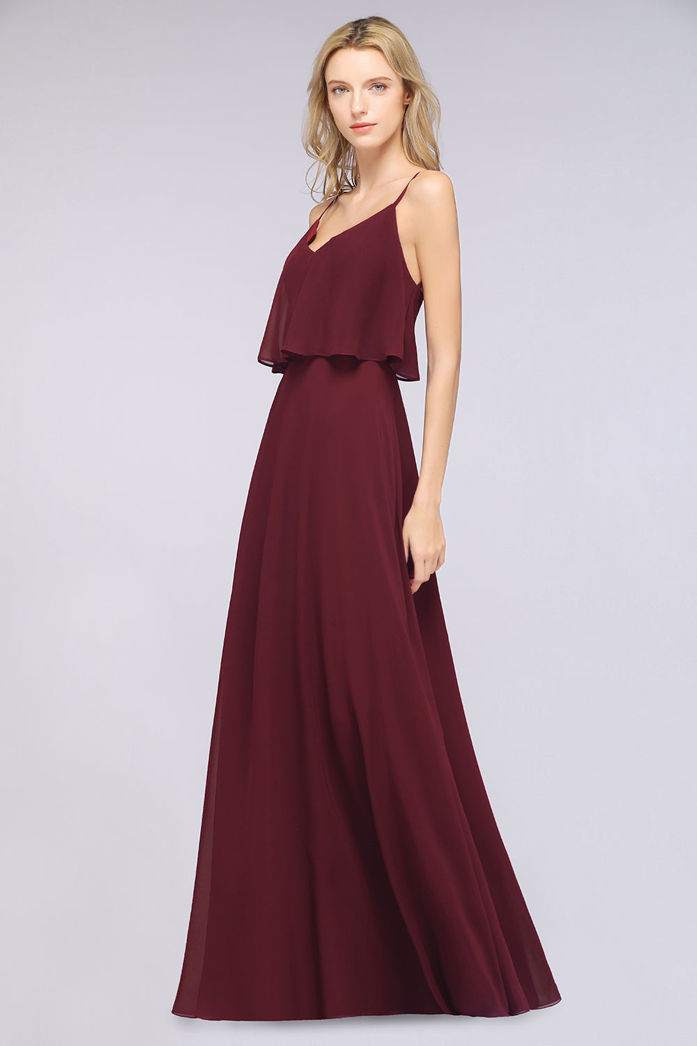 Sexy Long A-line V-Neck Spaghetti Straps Chiffon Burgundy Bridesmaid Dresses-BIZTUNNEL