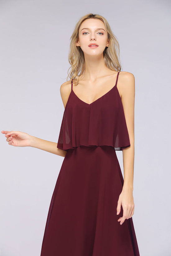 Sexy Long A-line V-Neck Spaghetti Straps Chiffon Burgundy Bridesmaid Dresses-BIZTUNNEL