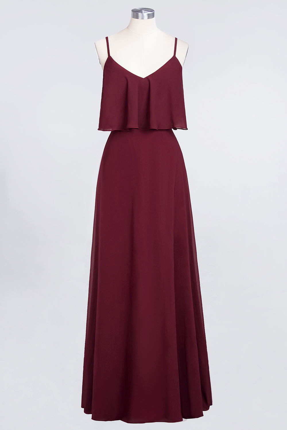 Sexy Long A-line V-Neck Spaghetti Straps Chiffon Burgundy Bridesmaid Dresses-BIZTUNNEL