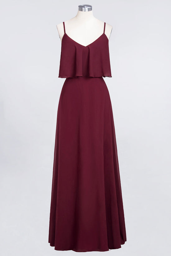 Sexy Long A-line V-Neck Spaghetti Straps Chiffon Burgundy Bridesmaid Dresses-BIZTUNNEL