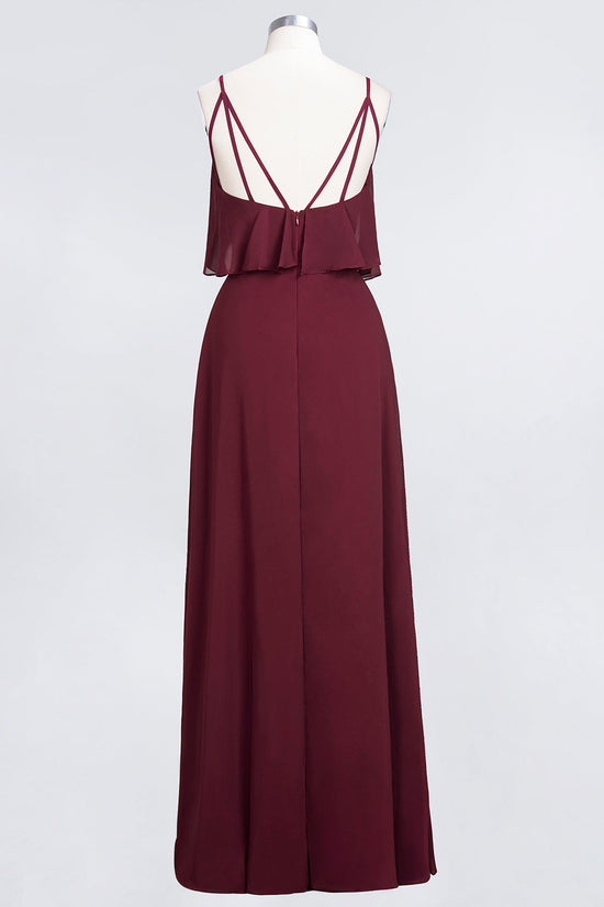 Sexy Long A-line V-Neck Spaghetti Straps Chiffon Burgundy Bridesmaid Dresses-BIZTUNNEL