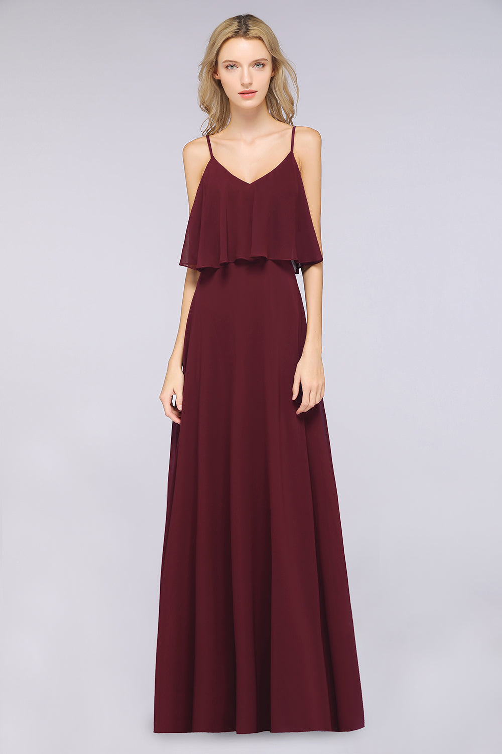 Sexy Long A-line V-Neck Spaghetti Straps Chiffon Burgundy Bridesmaid Dresses-BIZTUNNEL