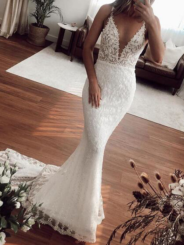 Sexy Long Mermaid V-neck Lace Tulle Wedding Dresses-BIZTUNNEL