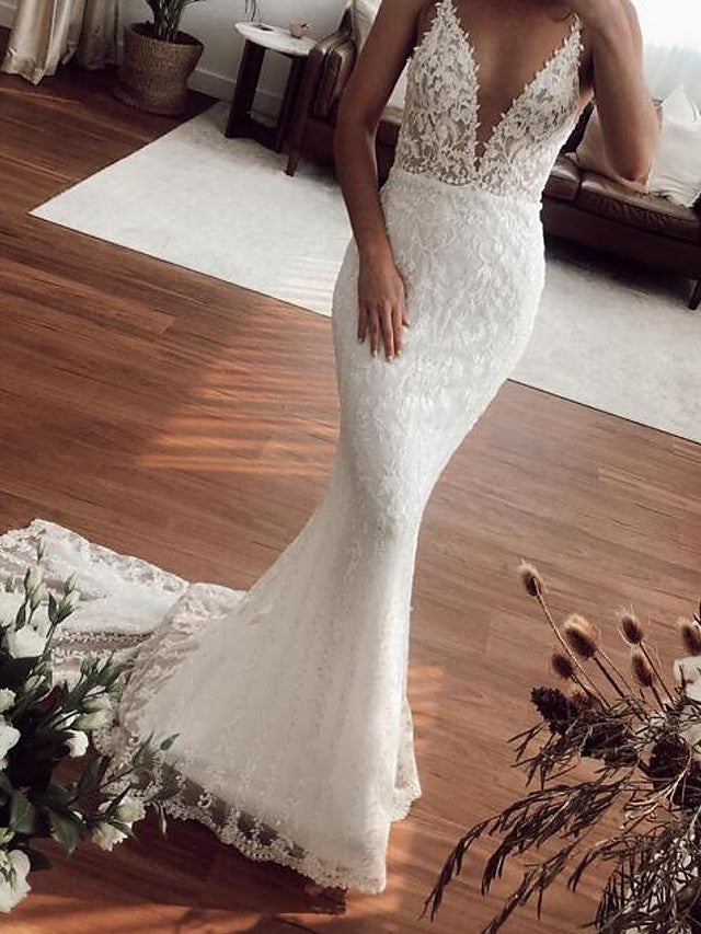 Sexy Long Mermaid V-neck Lace Tulle Wedding Dresses-BIZTUNNEL