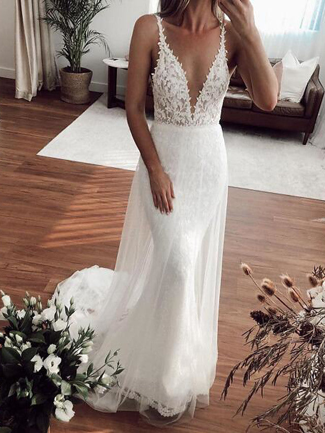 Sexy Long Mermaid V-neck Lace Tulle Wedding Dresses-BIZTUNNEL