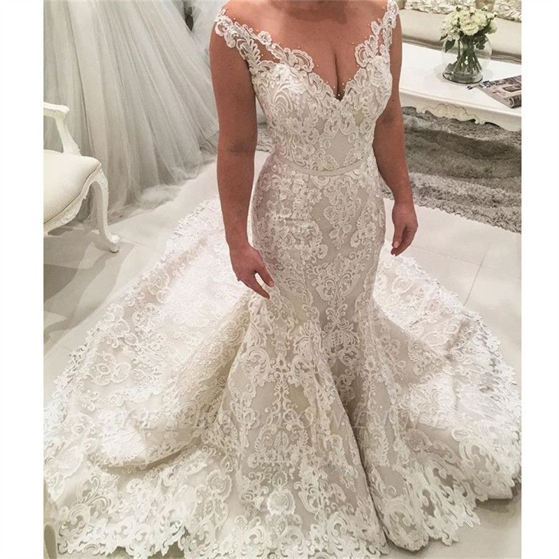 Sexy Long Mermaid V-neck Spaghetti Straps Appliques Lace Wedding Dress-BIZTUNNEL