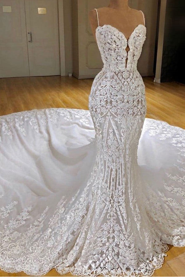 Sexy Long Mermaid V-neck Spaghetti Straps Appliques Lace Wedding Dress-BIZTUNNEL