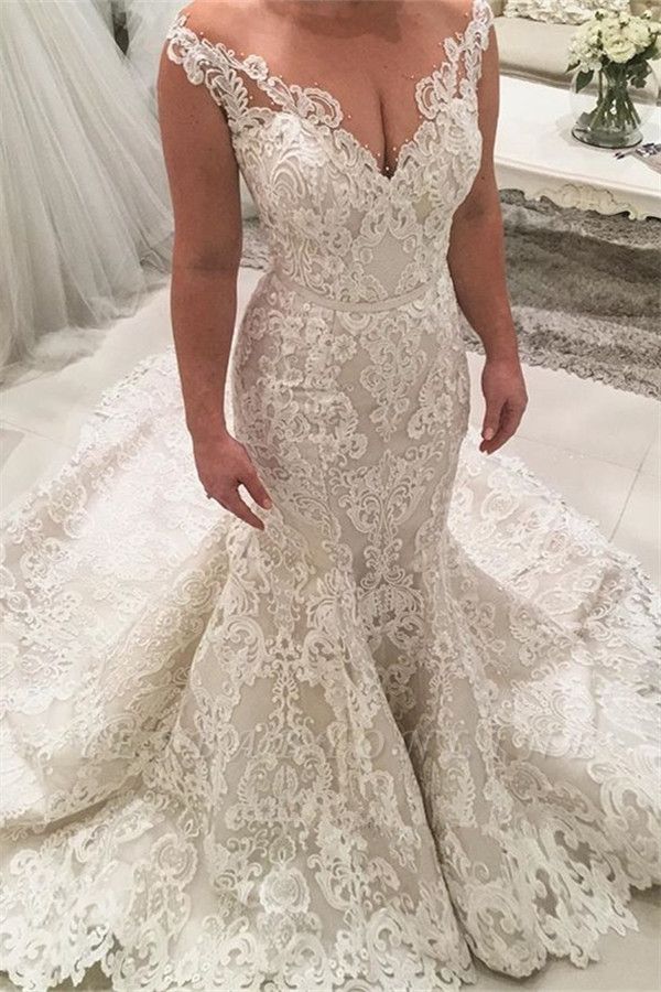 Sexy Long Mermaid V-neck Spaghetti Straps Appliques Lace Wedding Dress-BIZTUNNEL