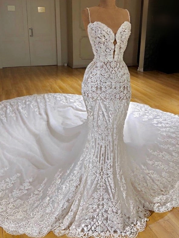 Sexy Long Mermaid V-neck Spaghetti Straps Appliques Lace Wedding Dress-BIZTUNNEL