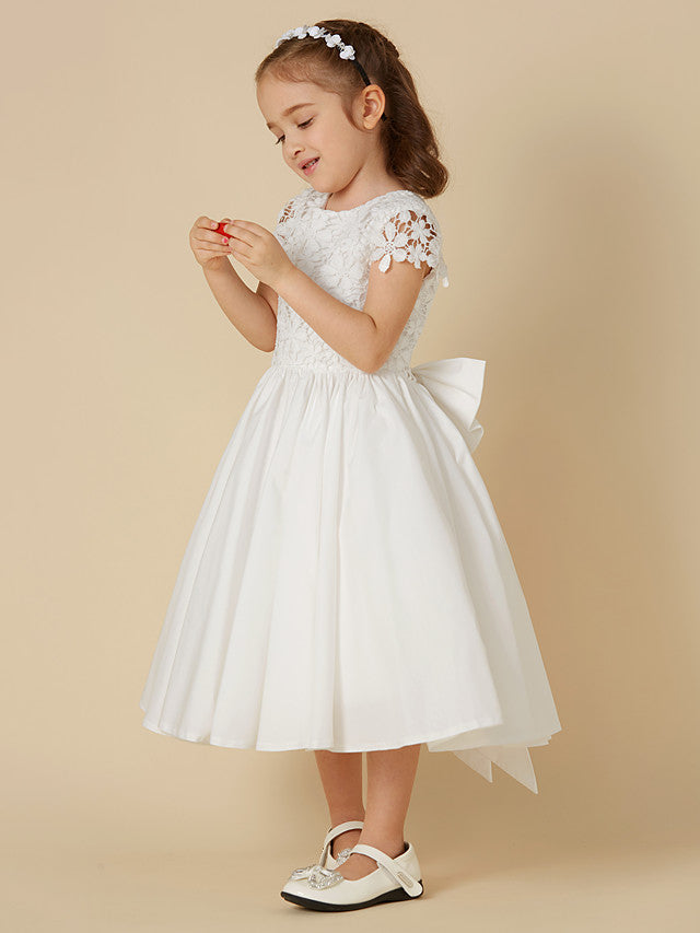 Short A-Line Lace Scoop Neck Wedding First Communion Flower Girl Dresses with Sleeves-BIZTUNNEL