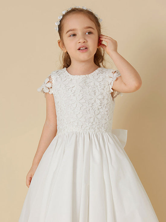 Short A-Line Lace Scoop Neck Wedding First Communion Flower Girl Dresses with Sleeves-BIZTUNNEL