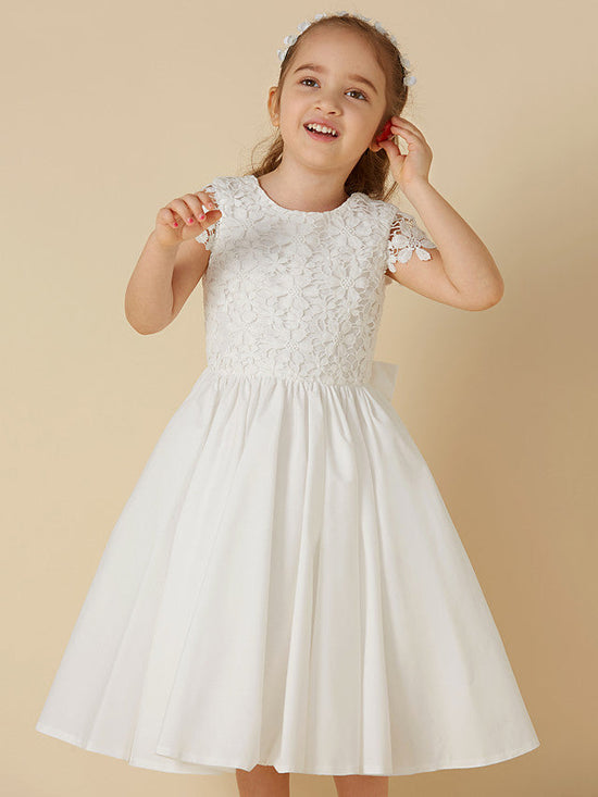 Short A-Line Lace Scoop Neck Wedding First Communion Flower Girl Dresses with Sleeves-BIZTUNNEL