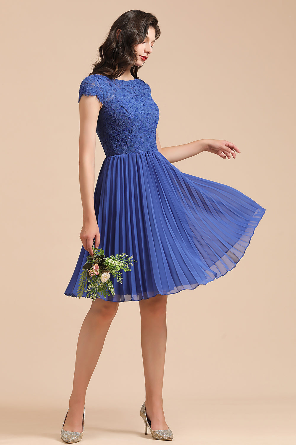 Short A-line Lace Sleeve Royal Blue Bridesmaid Dress with Sleeves-BIZTUNNEL