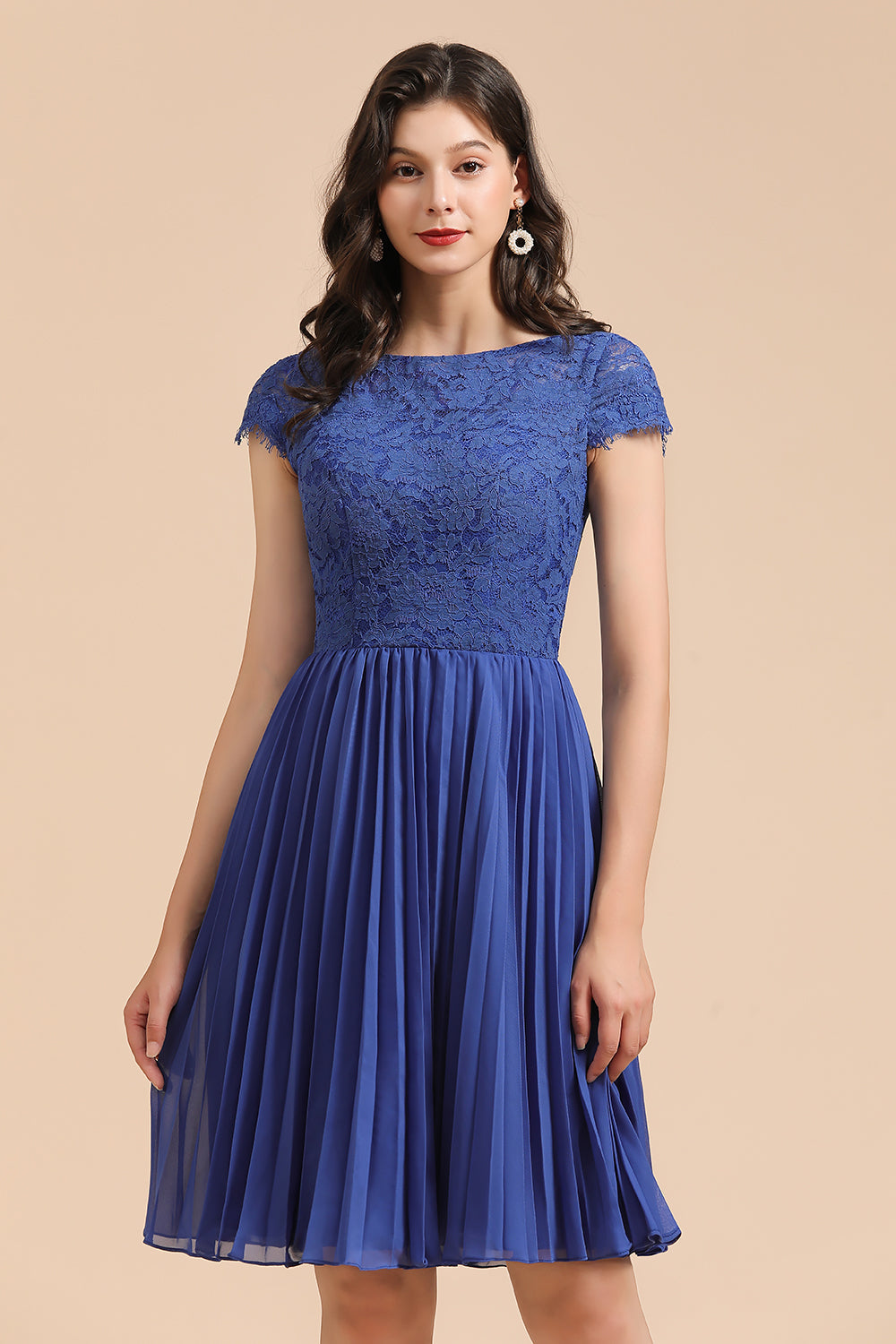 Short A-line Lace Sleeve Royal Blue Bridesmaid Dress with Sleeves-BIZTUNNEL