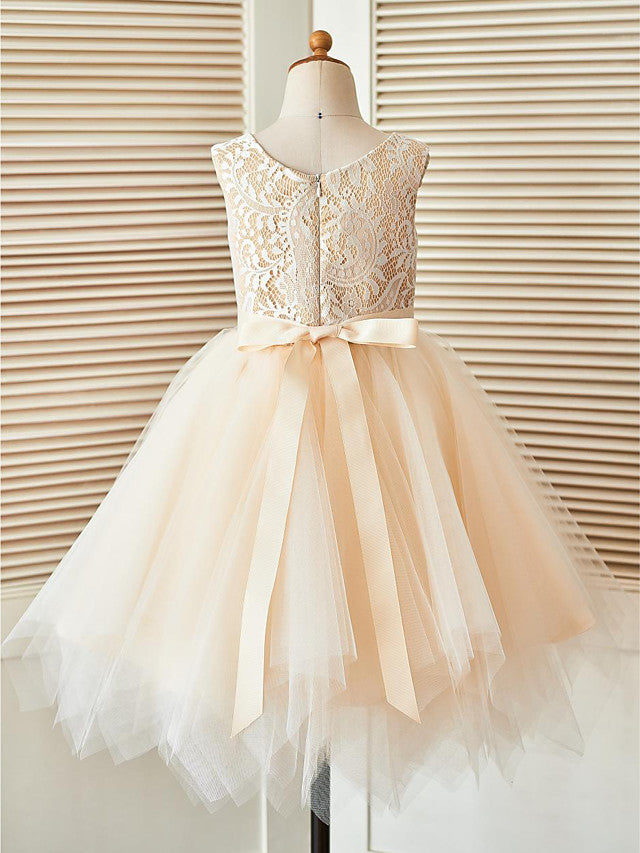 Short A-Line Lace Tulle Sleeveless Scoop Neck Pageant Flower Girl Dresses-BIZTUNNEL