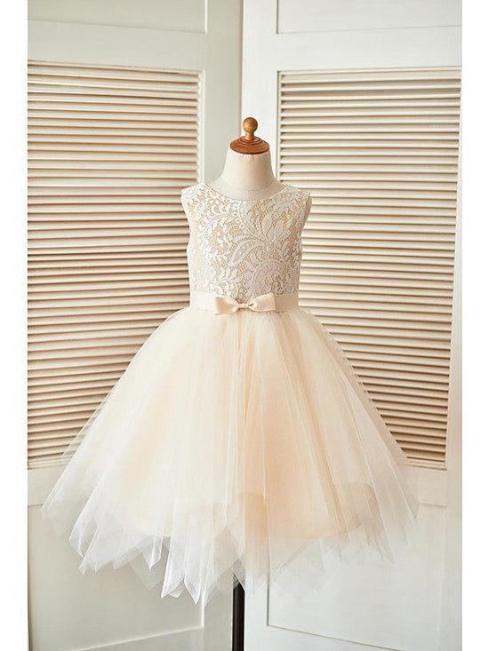 Short A-Line Lace Tulle Sleeveless Scoop Neck Pageant Flower Girl Dresses-BIZTUNNEL