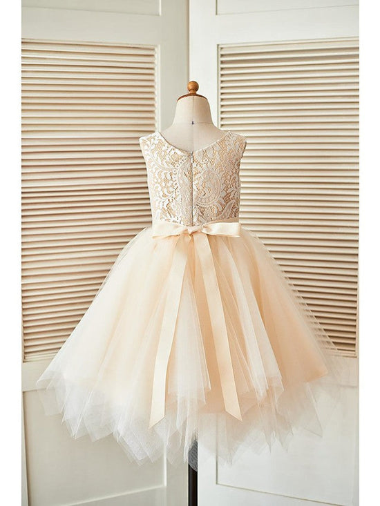 Short A-Line Lace Tulle Sleeveless Scoop Neck Pageant Flower Girl Dresses-BIZTUNNEL