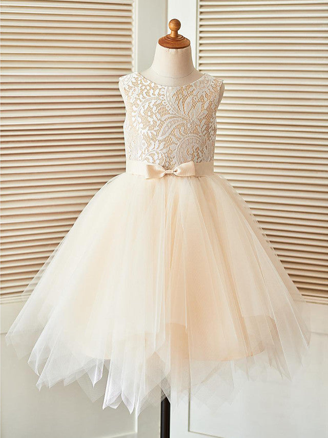 Short A-Line Lace Tulle Sleeveless Scoop Neck Pageant Flower Girl Dresses-BIZTUNNEL