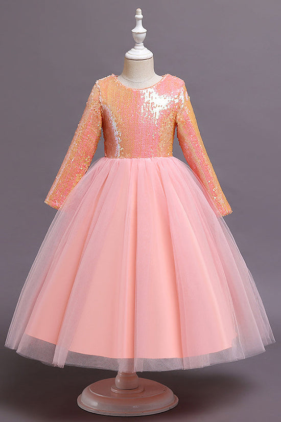 Short A-line Sequins Tulle Flower Girl Dresses with Sleeves-BIZTUNNEL