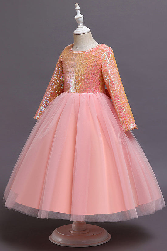 Short A-line Sequins Tulle Flower Girl Dresses with Sleeves-BIZTUNNEL