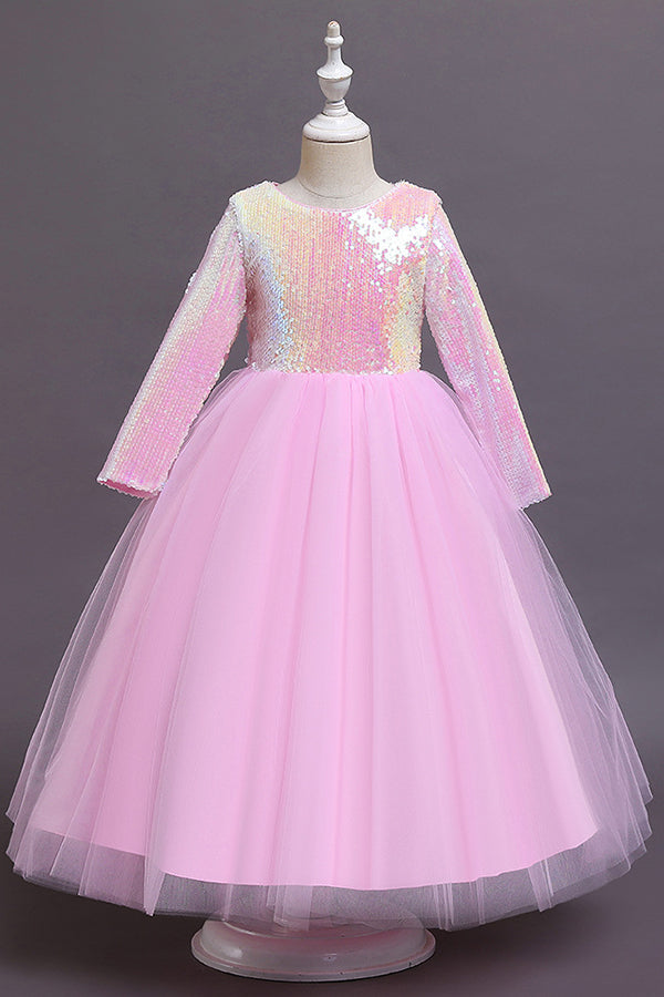 Short A-line Sequins Tulle Flower Girl Dresses with Sleeves-BIZTUNNEL