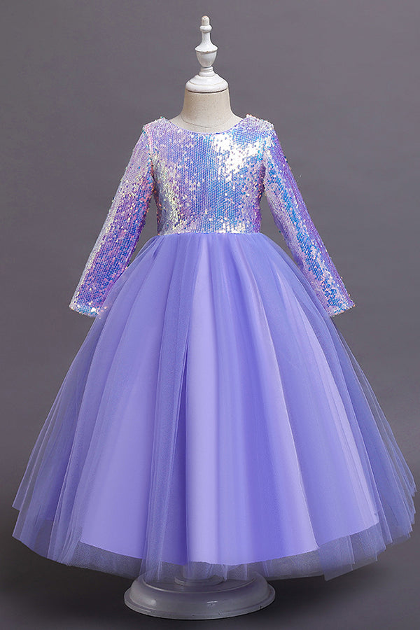 Short A-line Sequins Tulle Flower Girl Dresses with Sleeves-BIZTUNNEL