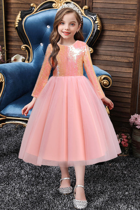 Short A-line Sequins Tulle Flower Girl Dresses with Sleeves-BIZTUNNEL