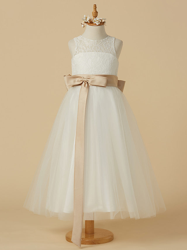 Short A-Line Tulle Jewel Neck Wedding First Communion Flower Girl Dresse-BIZTUNNEL