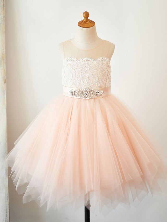 Short A-Line Tulle Sleeveless Jewel Neck Pageant Flower Girl Dresses-BIZTUNNEL