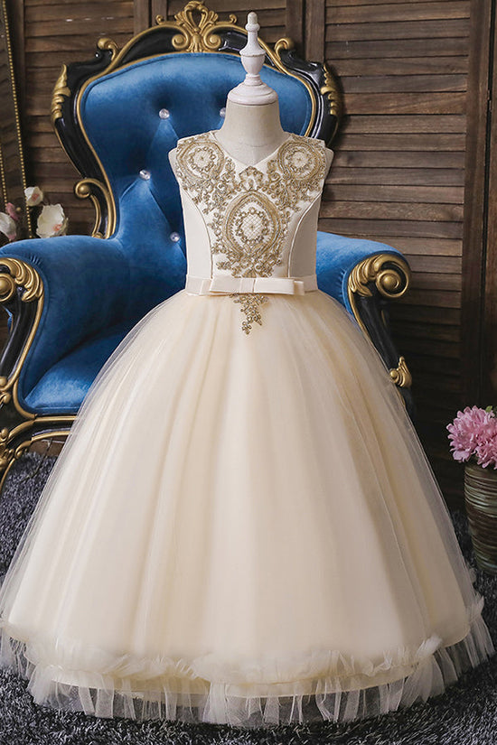 Short Ball Gown Appliques Lace Scoop Tulle Flower Girl Dresses-BIZTUNNEL