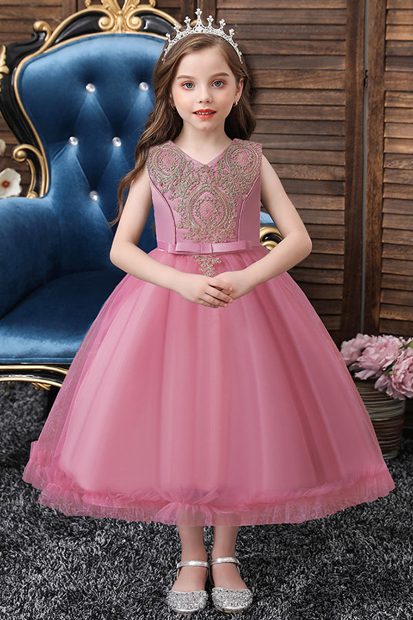 Short Ball Gown Appliques Lace Scoop Tulle Flower Girl Dresses-BIZTUNNEL