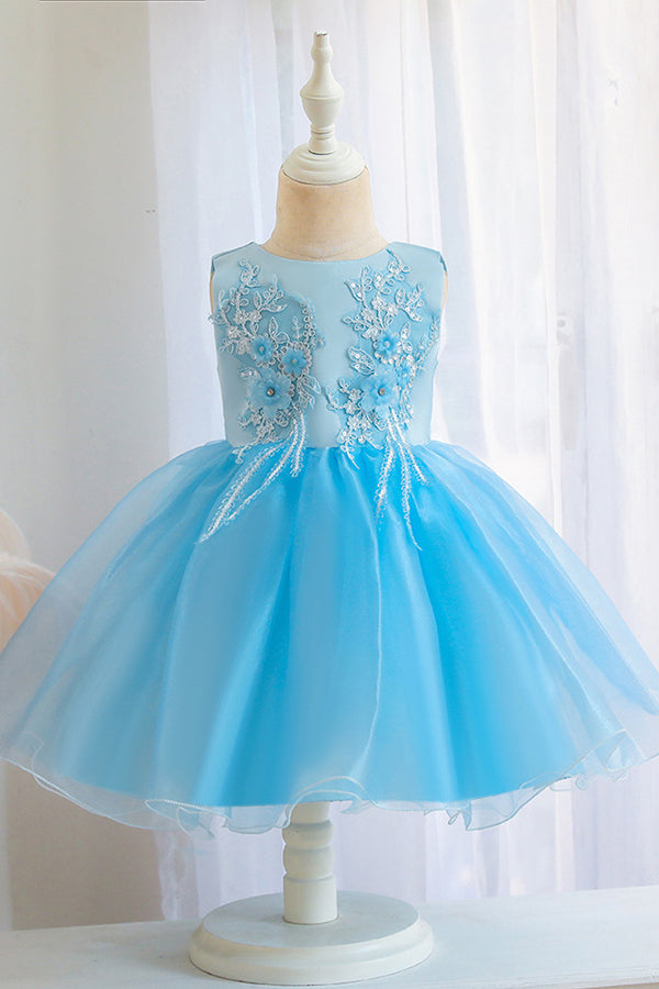 Short Ball Gown Appliques Sleeveless Scoop Tulle Flower Girl Dresses-BIZTUNNEL