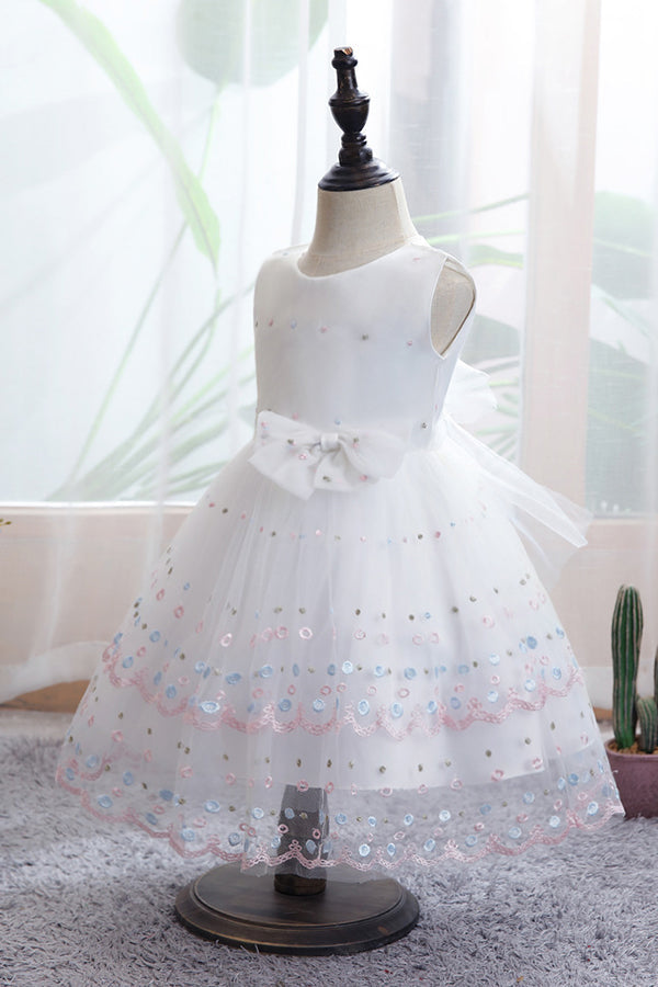 Short Ball Gown Bow Scoop Sleeveless Flower Girl Dresses-BIZTUNNEL