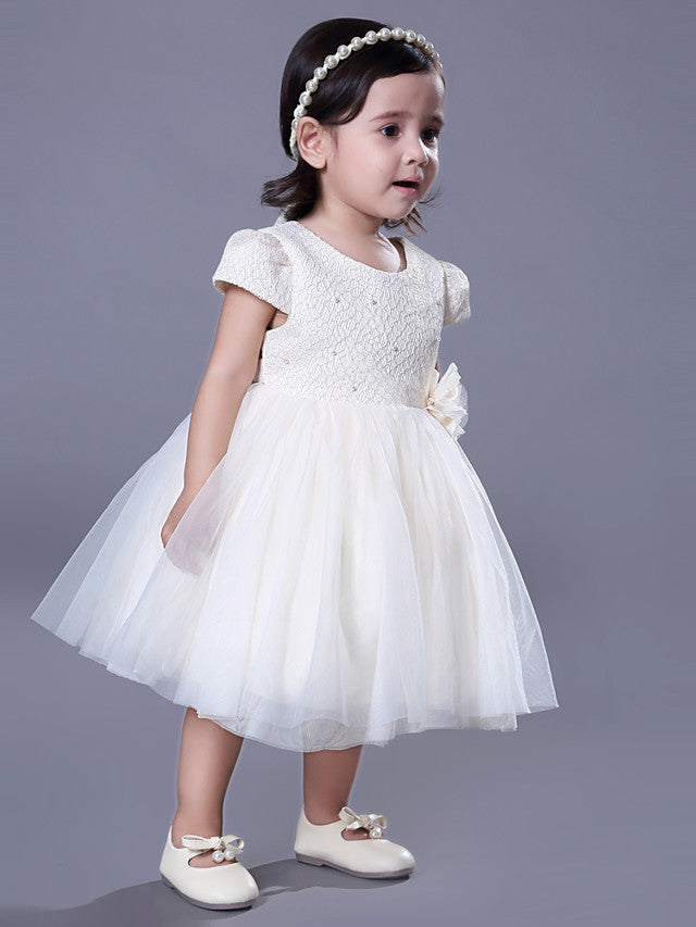 Short Ball Gown Lace Jewel Neck Wedding Event Party Flower Girl Dresses with Sleeves-BIZTUNNEL