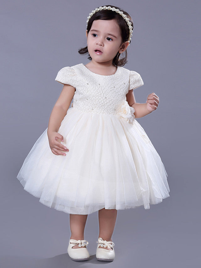 Short Ball Gown Lace Jewel Neck Wedding Event Party Flower Girl Dresses with Sleeves-BIZTUNNEL