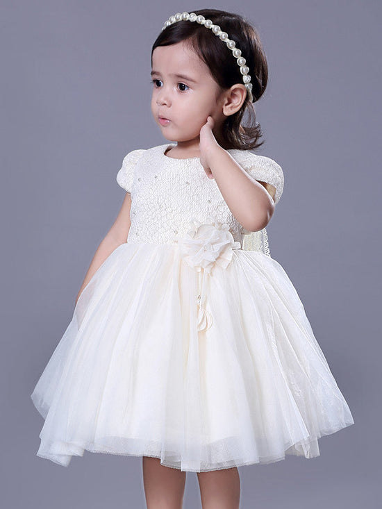 Short Ball Gown Lace Jewel Neck Wedding Event Party Flower Girl Dresses with Sleeves-BIZTUNNEL