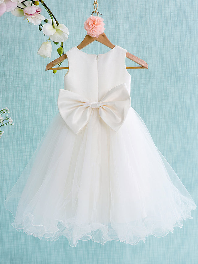 Short Ball Gown Satin Tulle Jewel Neck Wedding First Communion Flower Girl Dresses-BIZTUNNEL