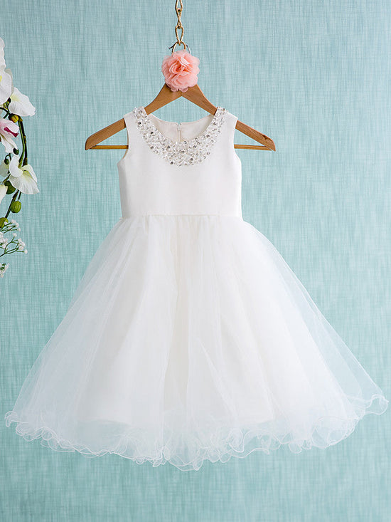 Short Ball Gown Satin Tulle Jewel Neck Wedding First Communion Flower Girl Dresses-BIZTUNNEL