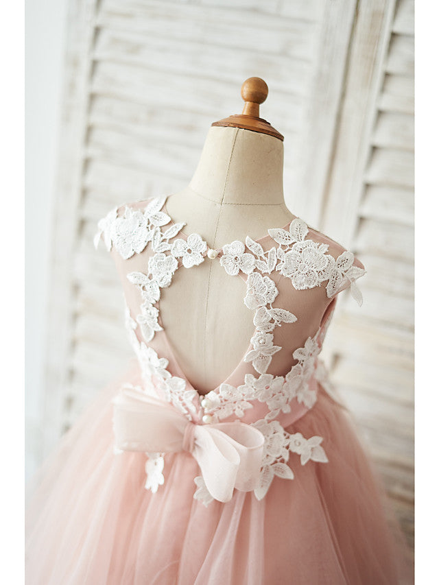 Short Ball Gown Tulle Sleeveless Jewel Neck Wedding Birthday Flower Girl Dresses-BIZTUNNEL