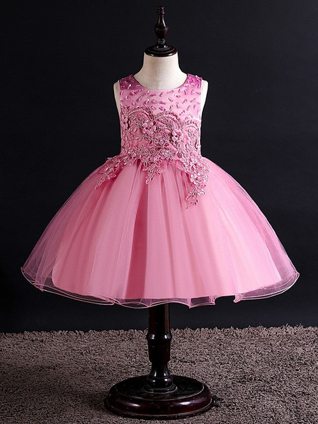 Short Ball Gown Tulle Sleeveless Jewel Neck Wedding Party Flower Girl Dresses-BIZTUNNEL