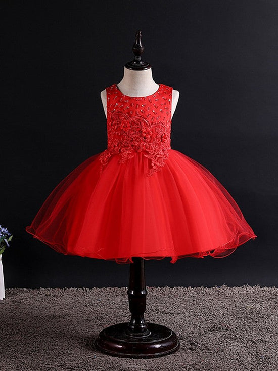 Short Ball Gown Tulle Sleeveless Jewel Neck Wedding Party Flower Girl Dresses-BIZTUNNEL