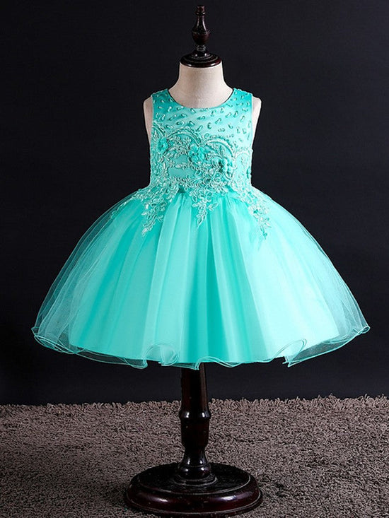 Short Ball Gown Tulle Sleeveless Jewel Neck Wedding Party Flower Girl Dresses-BIZTUNNEL