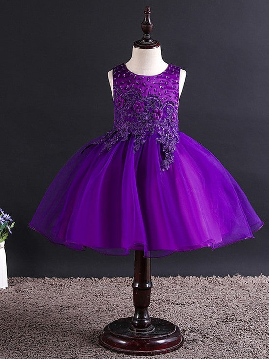 Short Ball Gown Tulle Sleeveless Jewel Neck Wedding Party Flower Girl Dresses-BIZTUNNEL