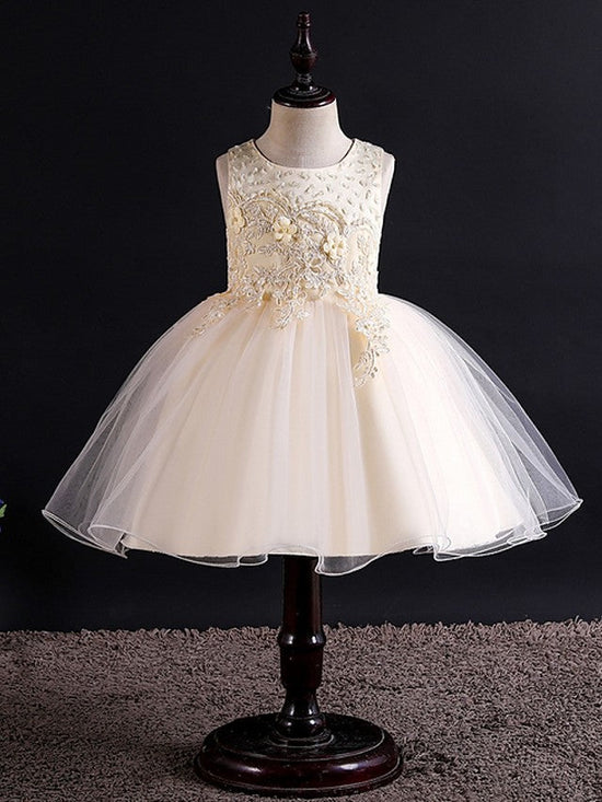 Short Ball Gown Tulle Sleeveless Jewel Neck Wedding Party Flower Girl Dresses-BIZTUNNEL