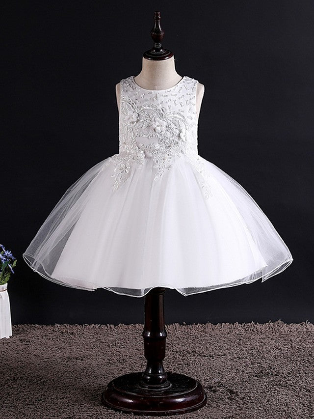 Short Ball Gown Tulle Sleeveless Jewel Neck Wedding Party Flower Girl Dresses-BIZTUNNEL