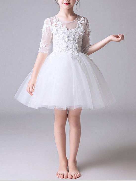 Short Princess Polyester Jewel Neck First Communion Flower Girl Dresses with Sleeves-BIZTUNNEL